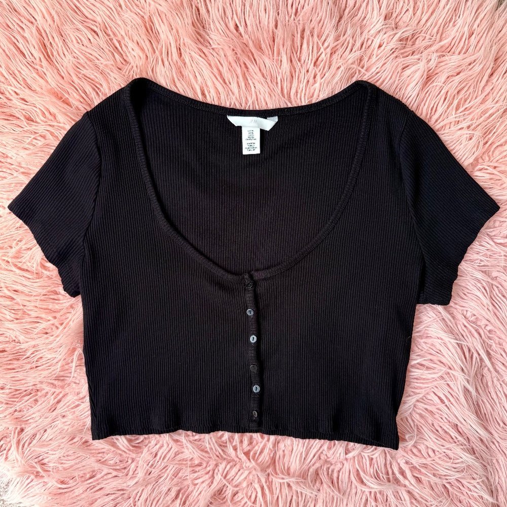 H&M Black Ribbed Button Crop Top - SOLD